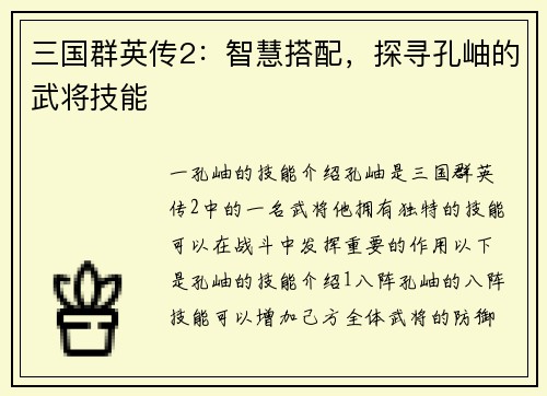 三国群英传2：智慧搭配，探寻孔岫的武将技能