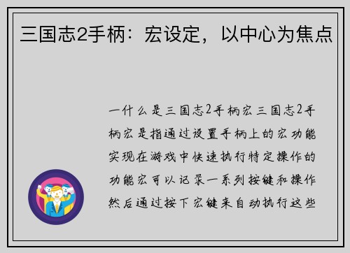 三国志2手柄：宏设定，以中心为焦点