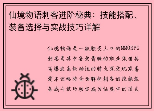 仙境物语刺客进阶秘典：技能搭配、装备选择与实战技巧详解