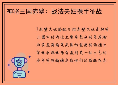 神将三国赤壁：战法夫妇携手征战